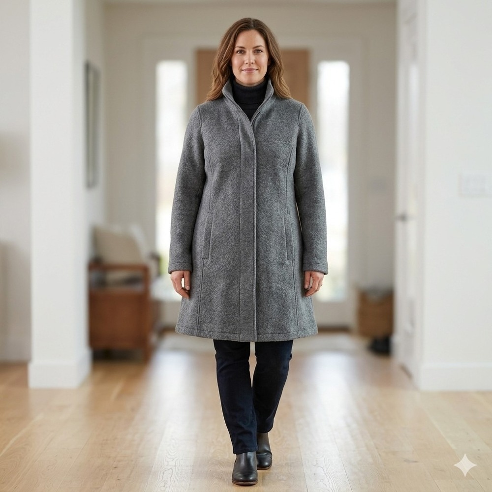 LL Bean Italian Wool Coat Womens L Gray Bellandi Boiled Wool Stand Collar Jacket